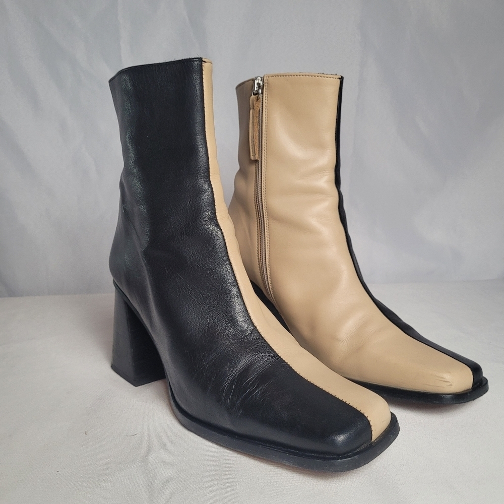 Alohas South Bicolor Leather Block Heeled Ankle Boots Black Tan EU 41 US 10-10.5